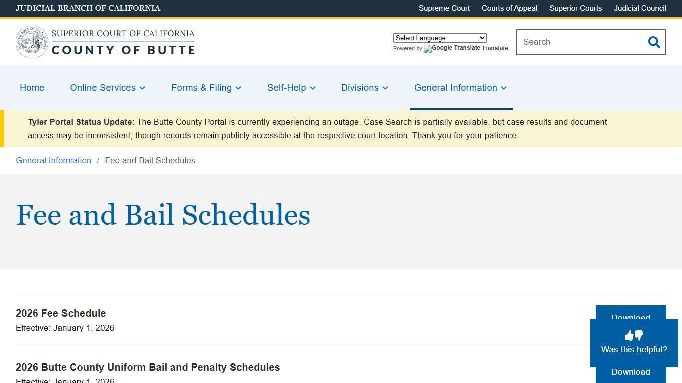 Fee and Bail Schedules | Superior Court of California | County of Butte