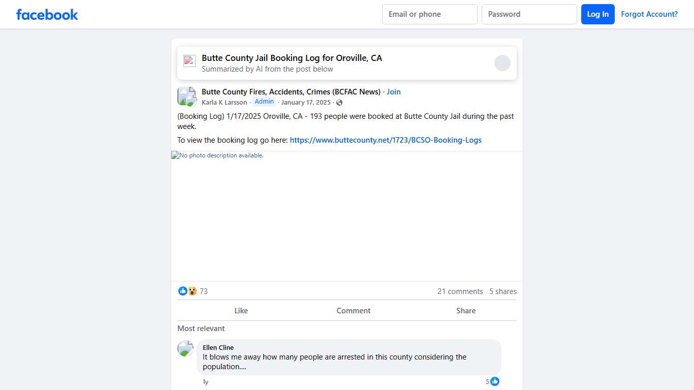 Butte County Fires, Accidents, Crimes (BCFAC News) | (Booking Log) 1/17/2025 Oroville, CA - 193 people were booked at Butte County Jail during the past week | Facebook